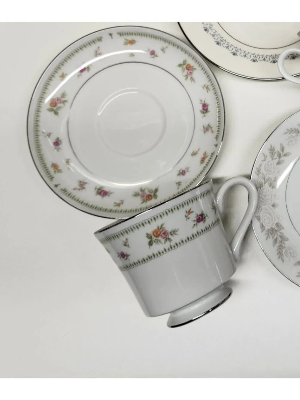 Mismatched China Tea Cups & Saucers Soft Floral Designs 4 Sets